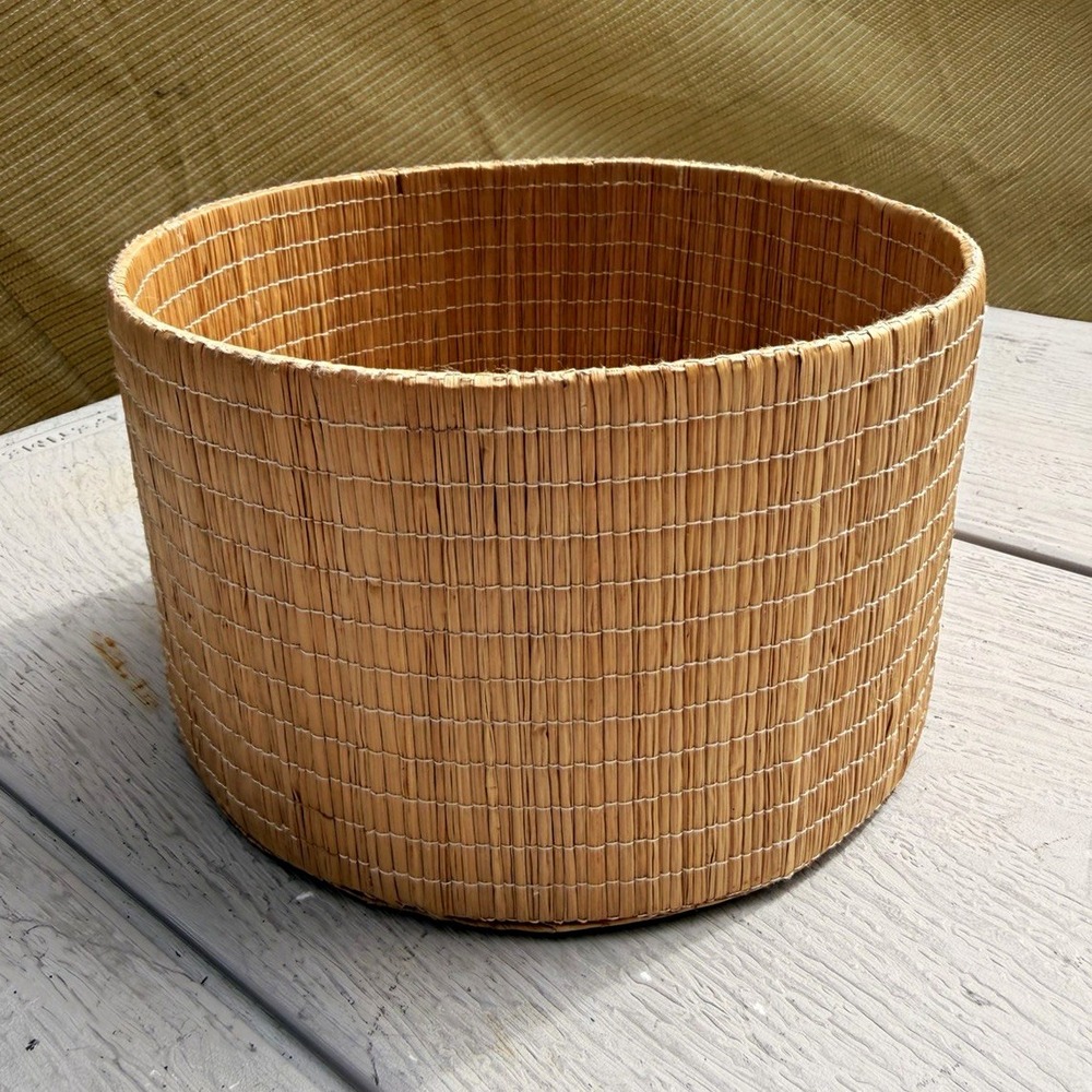 Round Tan Wicker Decorative Basket, Small Non-Lidded Freestanding Indoor